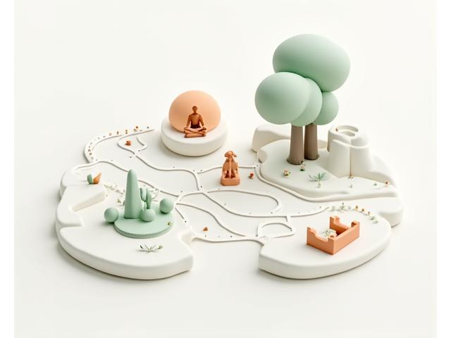 Mapa estilizado de Madrid, con iconos de árboles, personas meditando y edificios históricos, resaltando puntos de bienestar. Colores suaves y amigables inspirados en la paleta de Forma Activa.