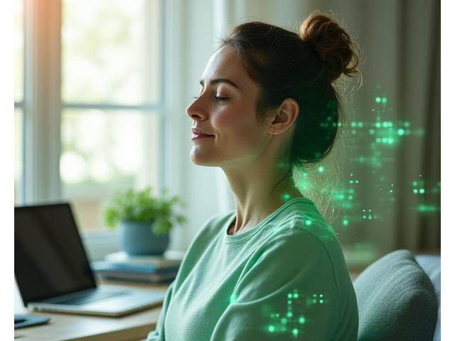 Persona de 40 años meditando pacíficamente con un gráfico digital superpuesto mostrando niveles de estrés decrecientes.