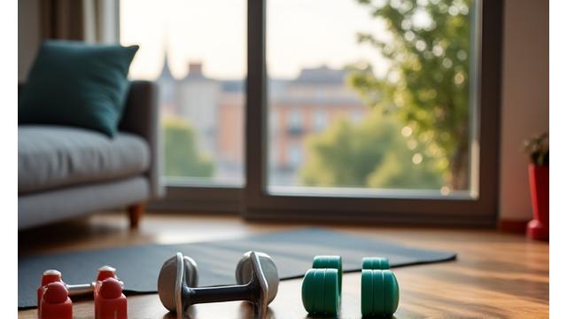 Accesorios compactos de fitness para el hogar de Madrid, como bandas de resistencia y mancuernas, dispuestos ordenadamente en una sala con vistas a la ciudad.