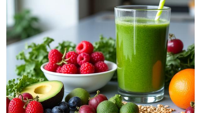 Variedad de alimentos frescos y coloridos junto a un batido nutritivo recién preparado, con un libro de recetas saludables en el fondo.