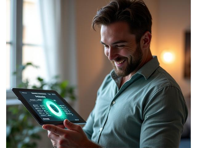Hombre adulto de 40 años usando una aplicación de tablet para encontrar productos de bienestar personalizados, con gráficos interactivos y una luz cálida y natural que sugiere claridad y facilidad de uso.