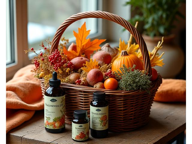 Cesto con una variedad de setas frescas y hierbas aromáticas, junto a suplementos vitamínicos, en un ambiente rústico otoñal.