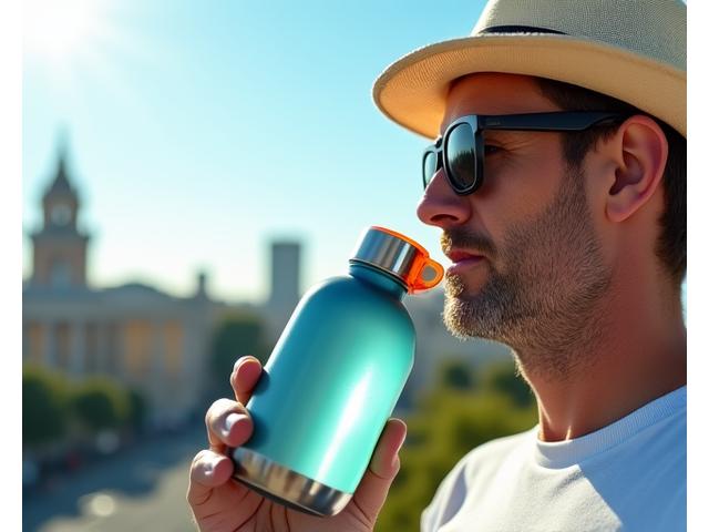 Persona bebiendo agua de una botella de acero inoxidable, con un paisaje soleado de Madrid de fondo, gafas de sol y una gorra.