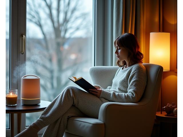 Mujer en casa, cómoda y acogedora, leyendo un libro junto a un humidificador de aire y una taza de bebida caliente, con luz cálida de invierno.