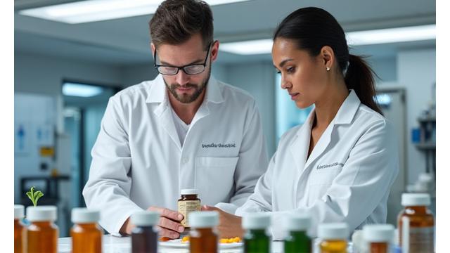 Expertos nutricionistas examinan una variedad de suplementos y adaptógenos en un laboratorio moderno y luminoso.